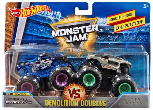 Hot Wheels Monster Jam 25 Demolition Doubles Overkill Evolution & Alien Invasion Diecast Car 2-Pack