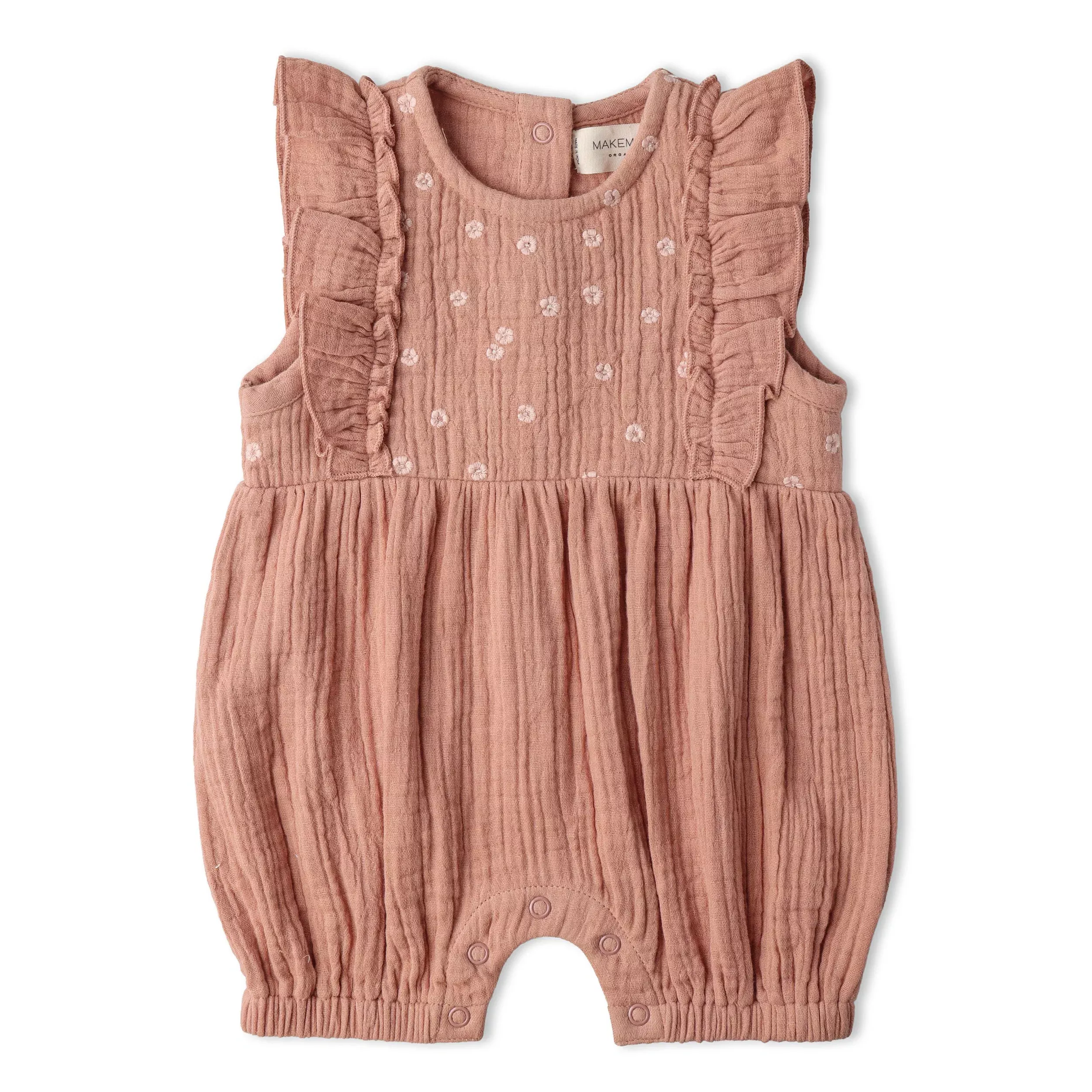 Organic Embroidered Ruffle Romper - Clay
