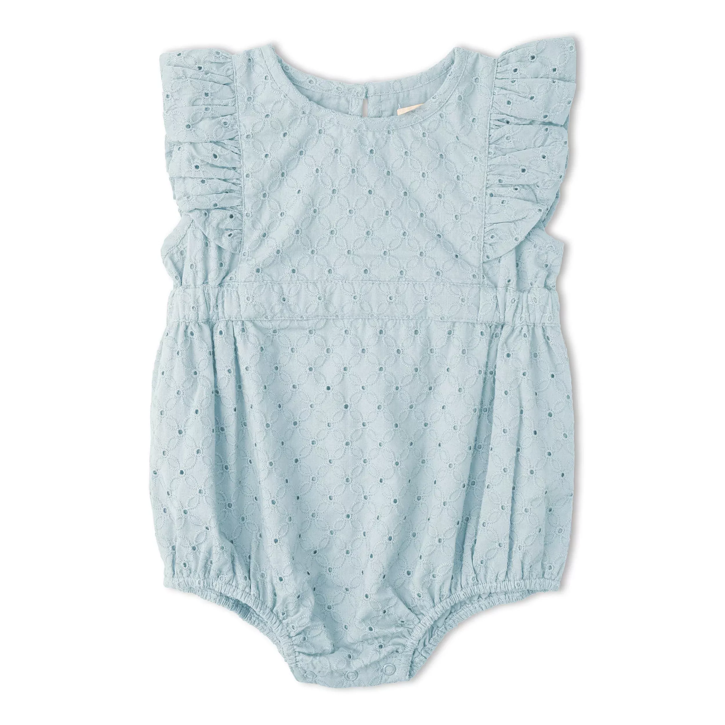 Organic Eyelet Flutter Romper - Light Blue Eyelet