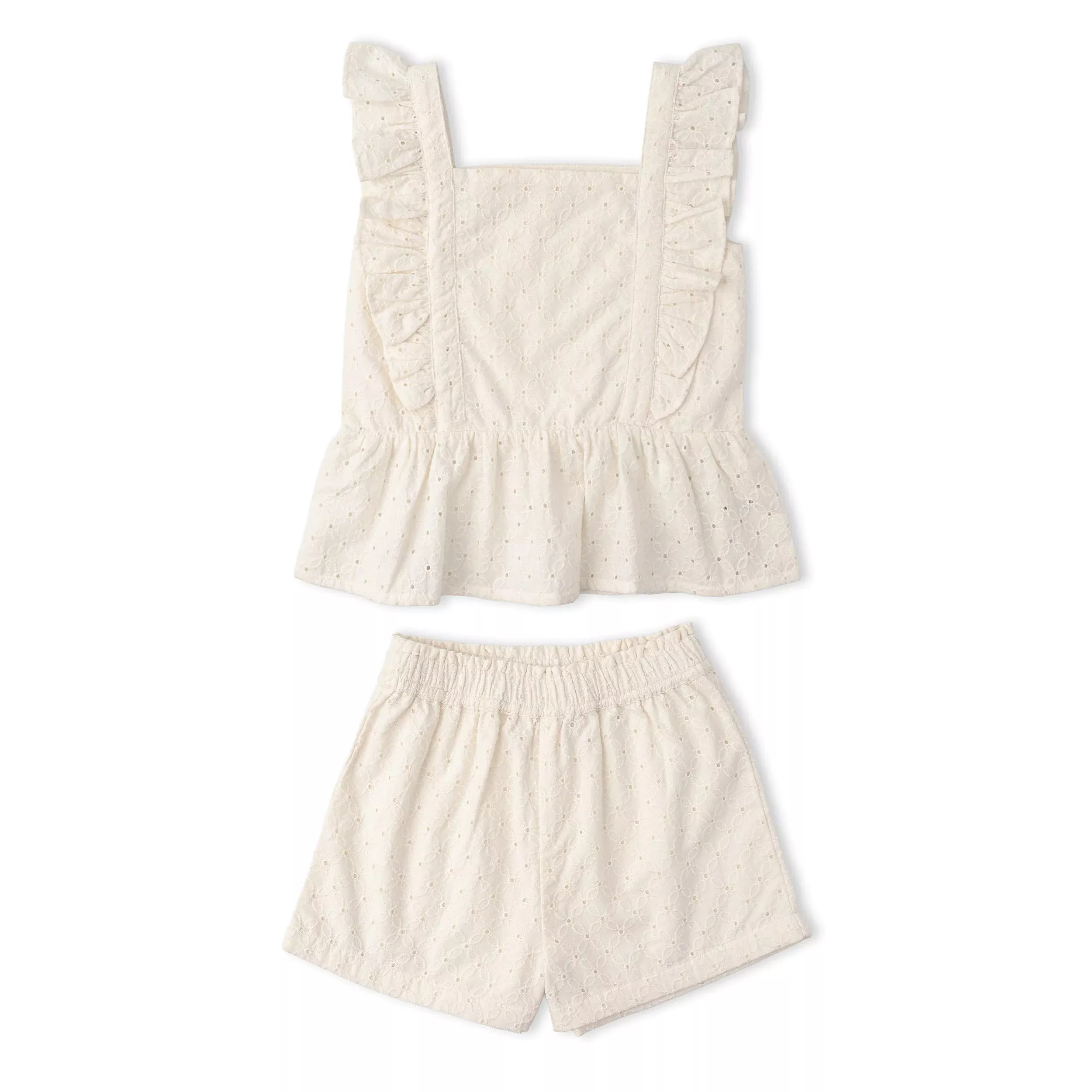 Organic Eyelet Flutter Top And Shorts Set - Ivory Eyelet