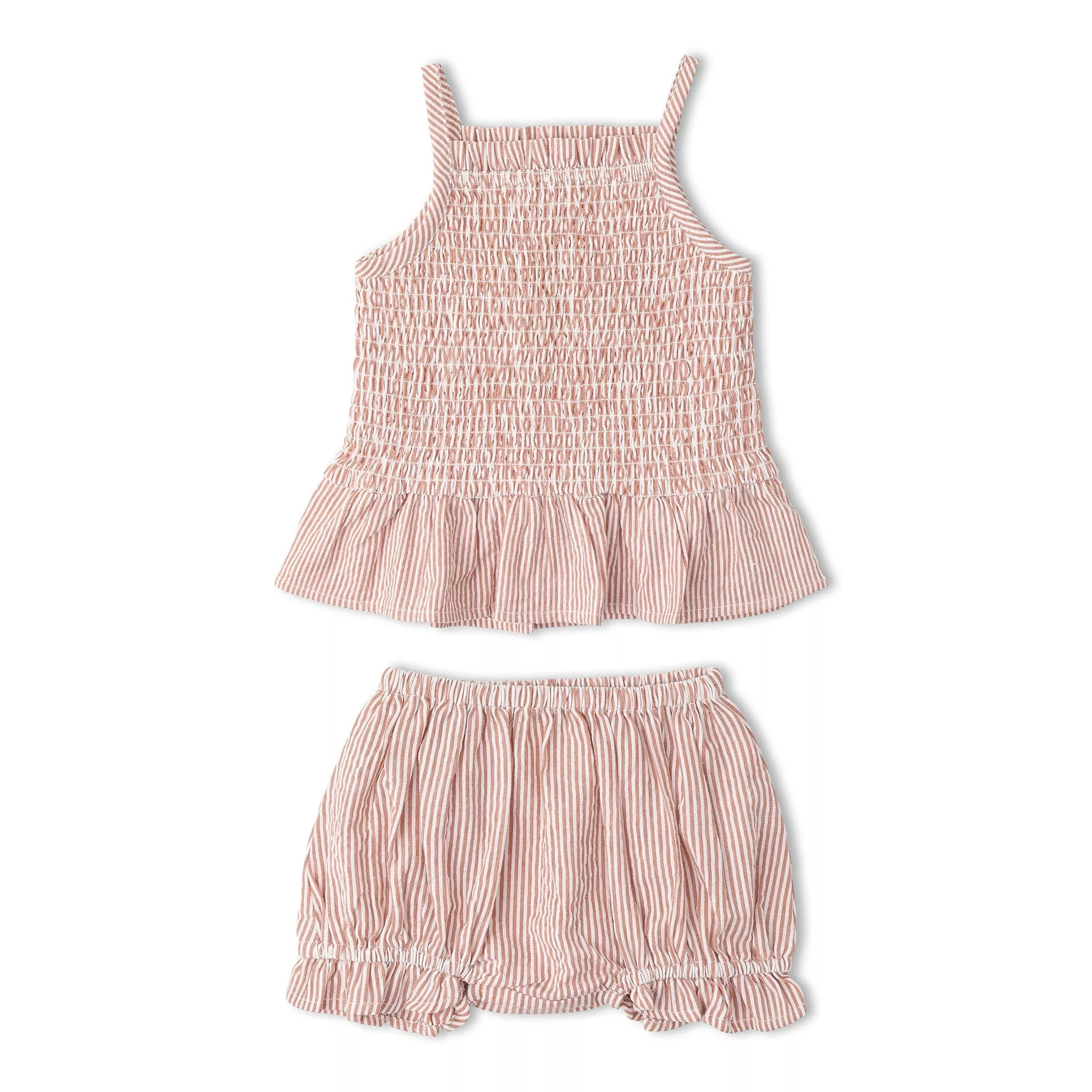 Organic Smocked Top And Bloomer Set - Coral Stripes